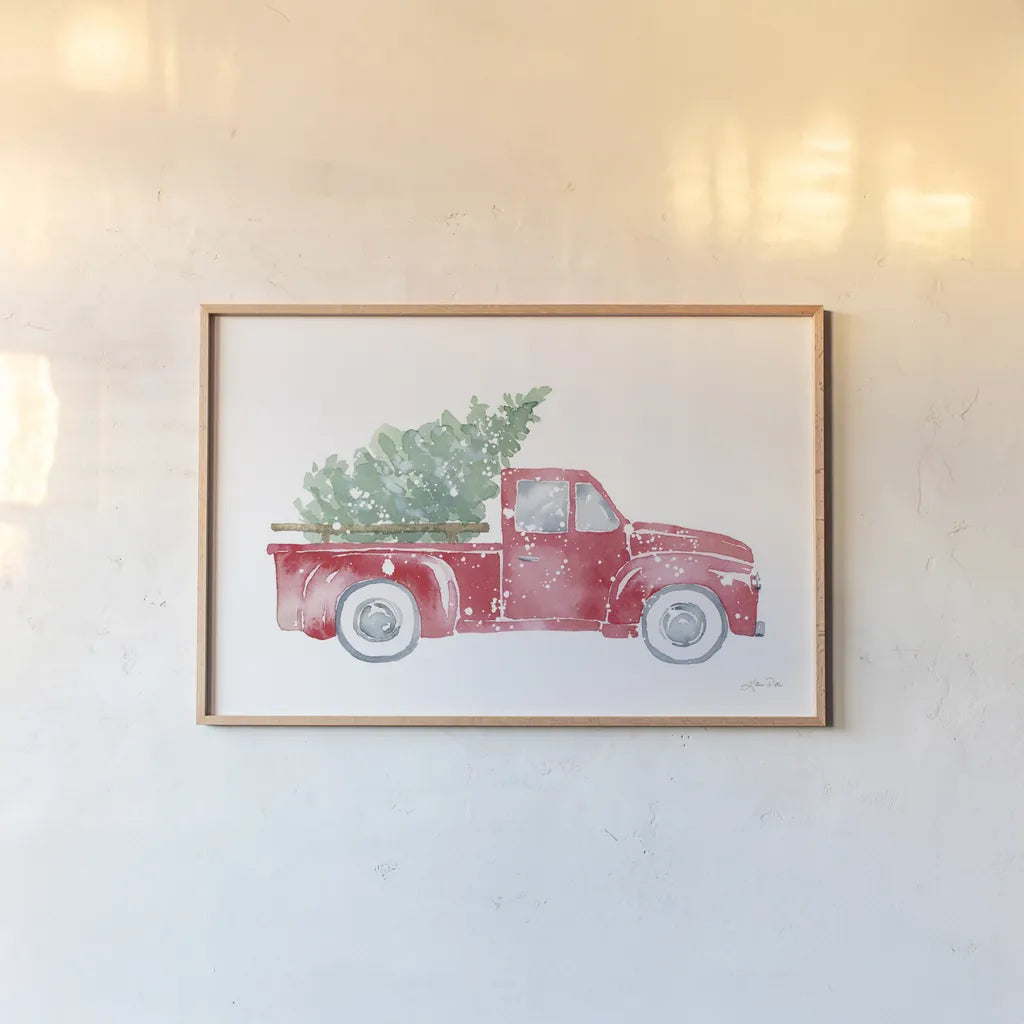 Christmas Truck by Katrina Pete. shown as a paper print in a natural frame. Available as a archival giclee rolled canvas, fine art paper, or poster print. SKU 67457i.