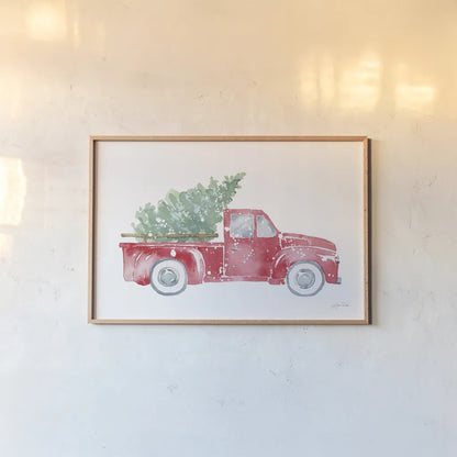 Christmas Truck by Katrina Pete. shown as a paper print in a natural frame. Available as a archival giclee rolled canvas, fine art paper, or poster print. SKU 67457i.