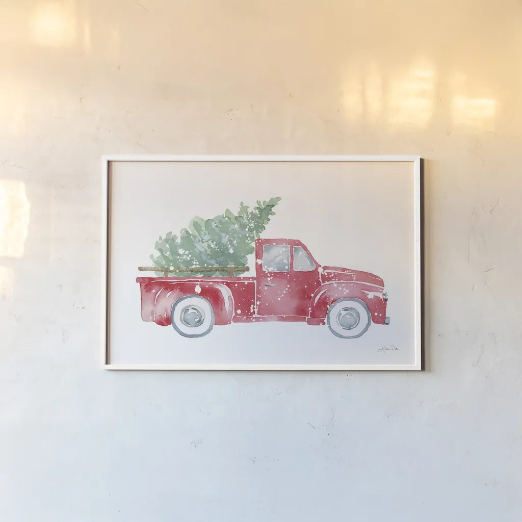 Christmas Truck by Katrina Pete. shown as a paper print in a white frame. Available as a archival giclee rolled canvas, fine art paper, or poster print. SKU 67457i.