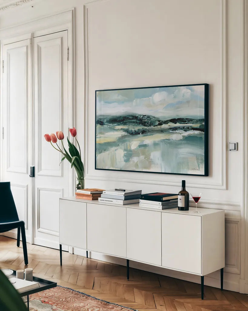 Clouds at Hilltop by Katrina Pete. shown as a framed stretched canvas in a living room above a console. Available as a archival giclee rolled canvas, fine art paper, or poster print. SKU 73249i.