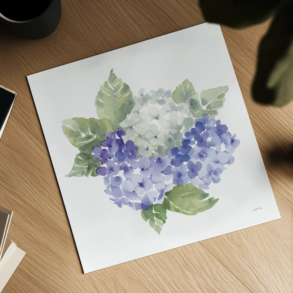 Cottage Hydrangeas I by Katrina Pete. Shown as a detailed flat fine art print, highlighting archival giclee quality. Available as an archival giclee rolled canvas, fine art paper, or poster print. SKU 86421a.