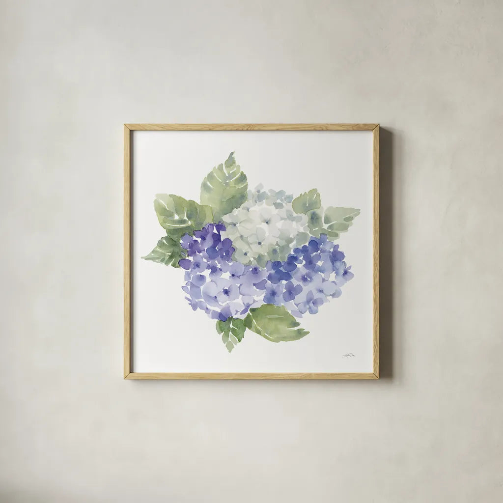 Cottage Hydrangeas I by Katrina Pete. Shown in a natural wood glass frame for a timeless modern aesthetic. Available as an archival giclee rolled canvas, fine art paper, or poster print. SKU 86421a.