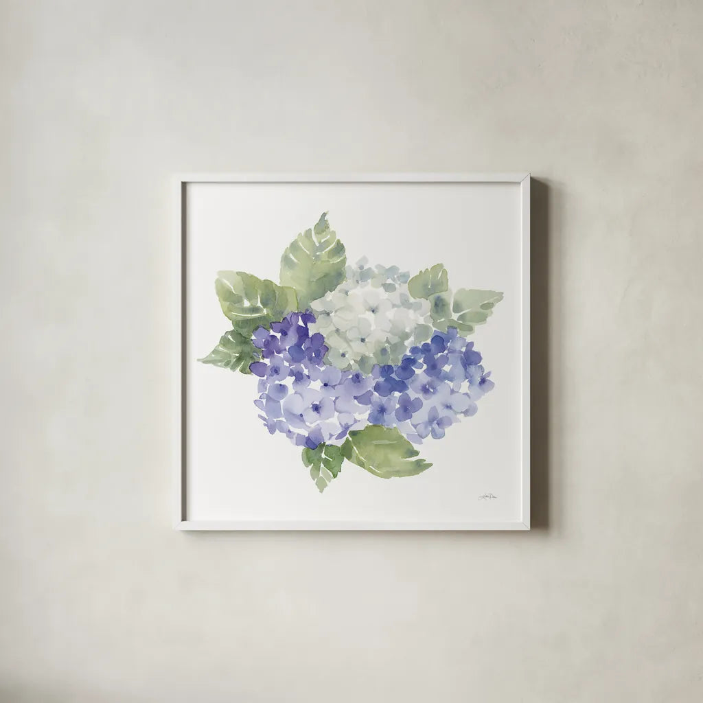 Cottage Hydrangeas I by Katrina Pete. Shown in a crisp white glass frame for a clean and minimalist style. Available as an archival giclee rolled canvas, fine art paper, or poster print. SKU 86421a.