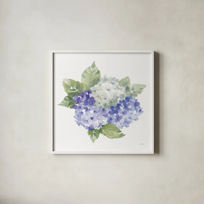 Cottage Hydrangeas I by Katrina Pete. Shown in a crisp white glass frame for a clean and minimalist style. Available as an archival giclee rolled canvas, fine art paper, or poster print. SKU 86421a.