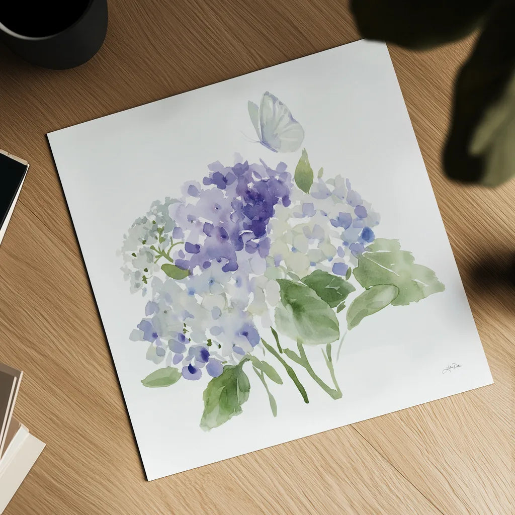 Cottage Hydrangeas II by Katrina Pete. Shown as a detailed flat fine art print, highlighting archival giclee quality. Available as an archival giclee rolled canvas, fine art paper, or poster print. SKU 86422a.