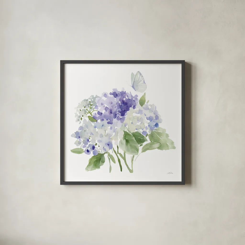 Cottage Hydrangeas II by Katrina Pete. Shown in a sleek black glass frame for a contemporary gallery look. Available as an archival giclee rolled canvas, fine art paper, or poster print. SKU 86422a.