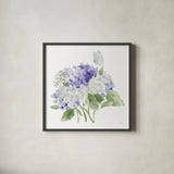 Cottage Hydrangeas II by Katrina Pete. Shown in a sleek black glass frame for a contemporary gallery look. Available as an archival giclee rolled canvas, fine art paper, or poster print. SKU 86422a.