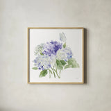 Cottage Hydrangeas II by Katrina Pete. Shown in a natural wood glass frame for a timeless modern aesthetic. Available as an archival giclee rolled canvas, fine art paper, or poster print. SKU 86422a.