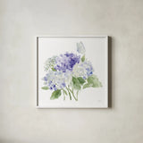 Cottage Hydrangeas II by Katrina Pete. Shown in a crisp white glass frame for a clean and minimalist style. Available as an archival giclee rolled canvas, fine art paper, or poster print. SKU 86422a.
