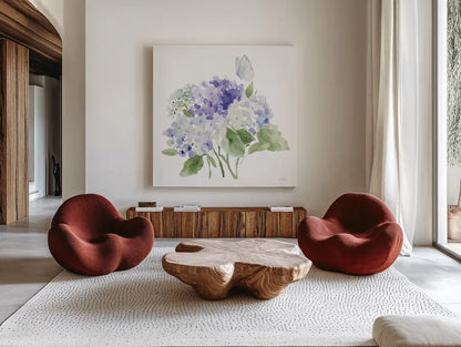 Cottage Hydrangeas II by Katrina Pete. Shown as extra-large giant wall art in a modern living room. Available as an archival giclee rolled canvas, fine art paper, or poster print. SKU 86422a.