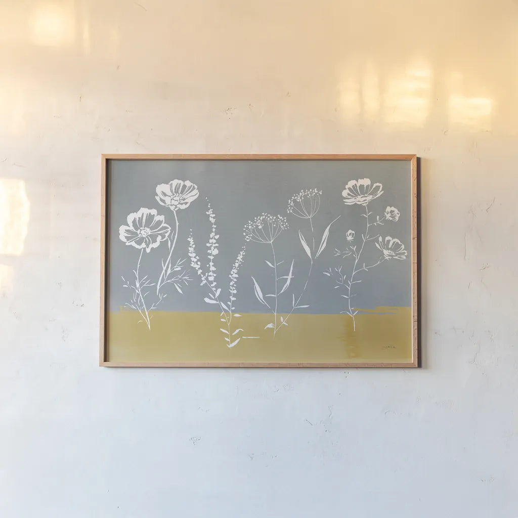 Cottage Wildflowers V by Katrina Pete. shown as a paper print in a natural frame. Available as a archival giclee rolled canvas, fine art paper, or poster print. SKU 86036i.