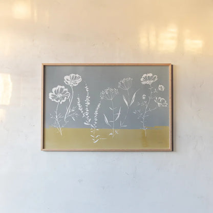 Cottage Wildflowers V by Katrina Pete. shown as a paper print in a natural frame. Available as a archival giclee rolled canvas, fine art paper, or poster print. SKU 86036i.