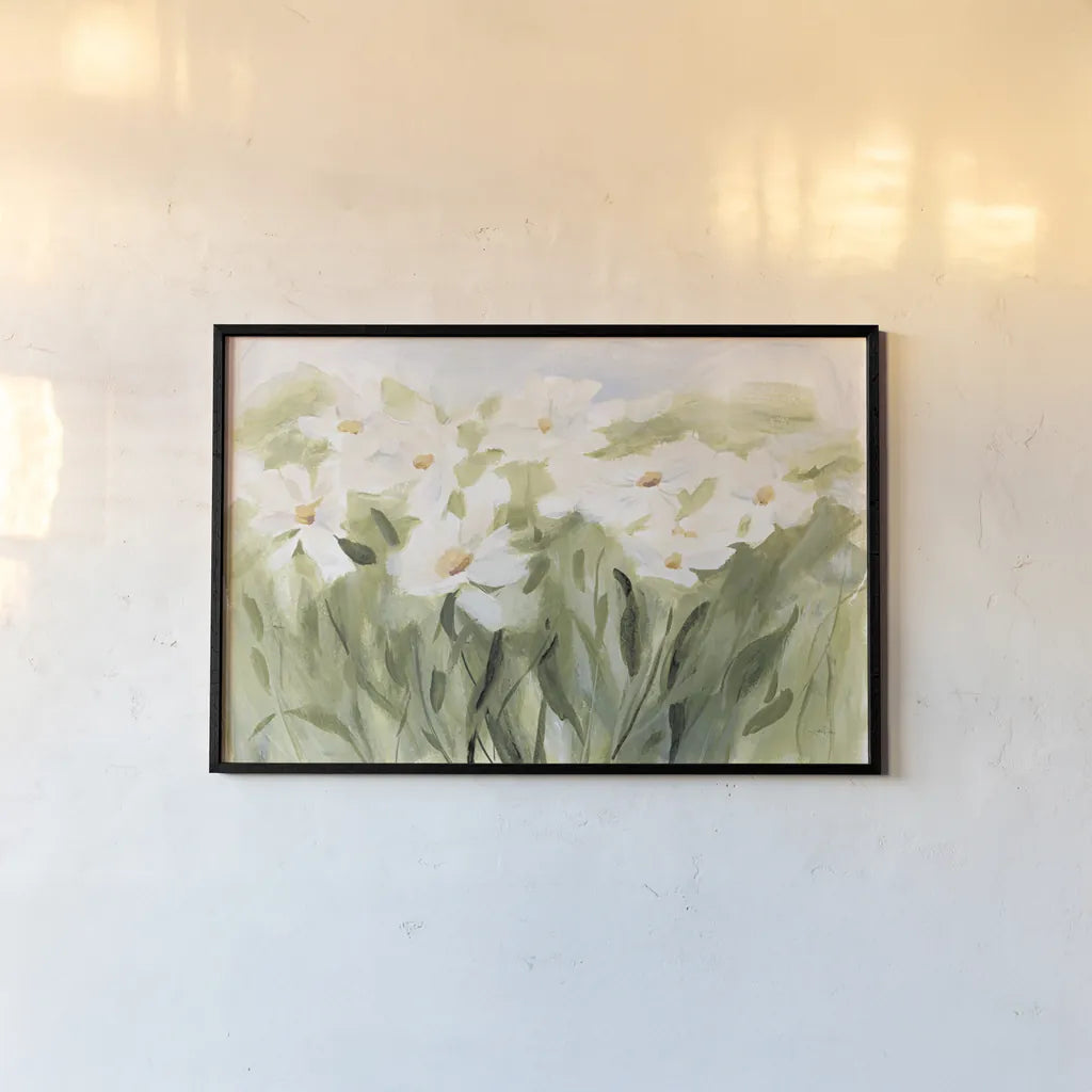 Daisy Meadow by Katrina Pete. shown as a paper print in a black flame. Available as a archival giclee rolled canvas, fine art paper, or poster print. SKU 87266i.