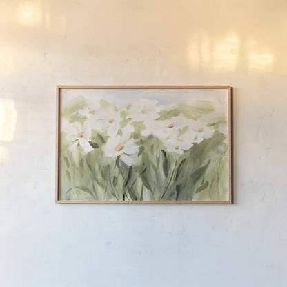 Daisy Meadow by Katrina Pete. shown as a paper print in a natural frame. Available as a archival giclee rolled canvas, fine art paper, or poster print. SKU 87266i.