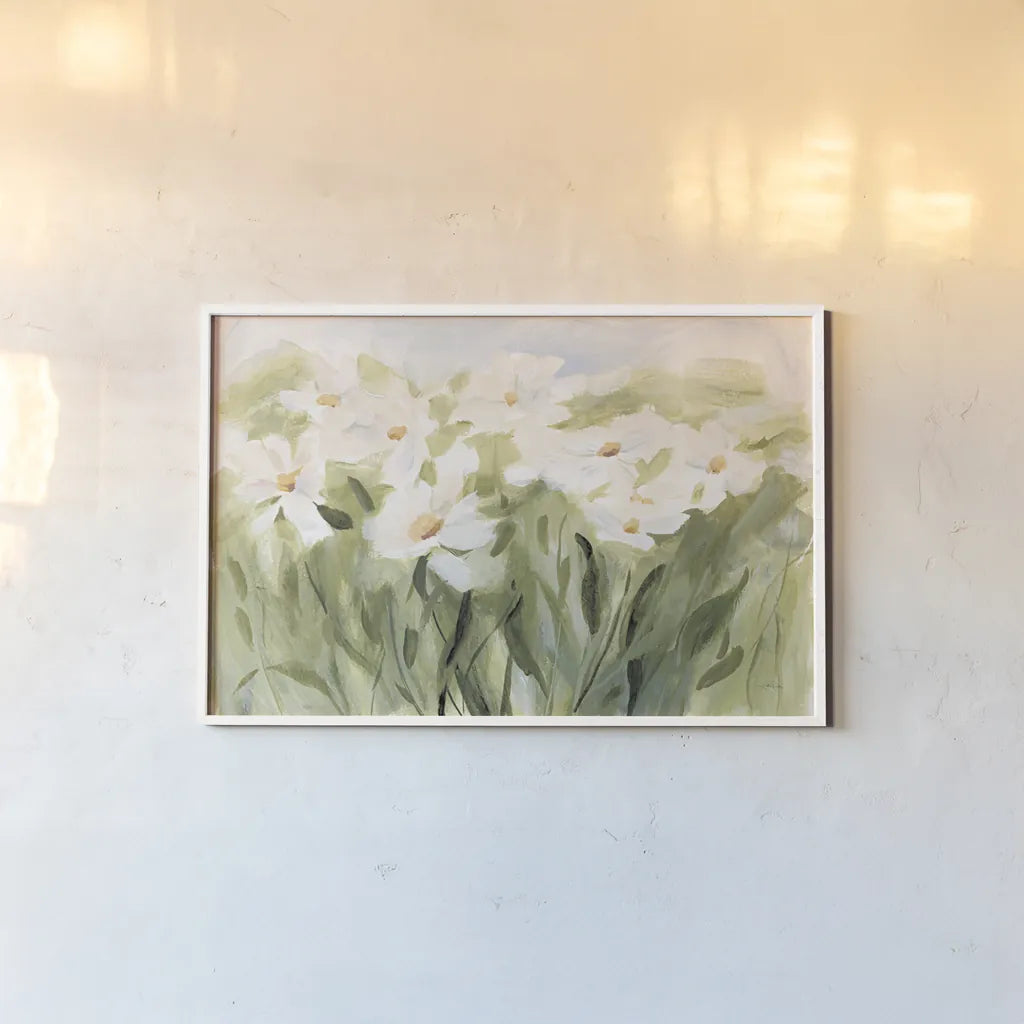 Daisy Meadow by Katrina Pete. shown as a paper print in a white frame. Available as a archival giclee rolled canvas, fine art paper, or poster print. SKU 87266i.