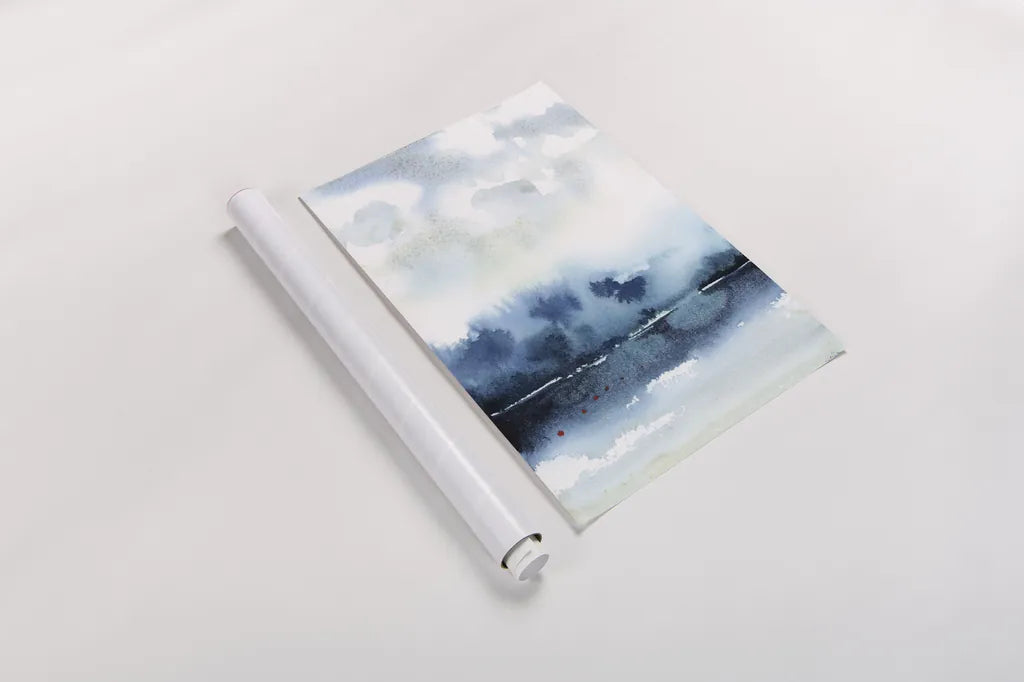 Deep Blue Lake by Katrina Pete. shown as a rolled paper print. Available as archival giclee rolled canvas, fine art paper, or poster print. SKU 65950h.