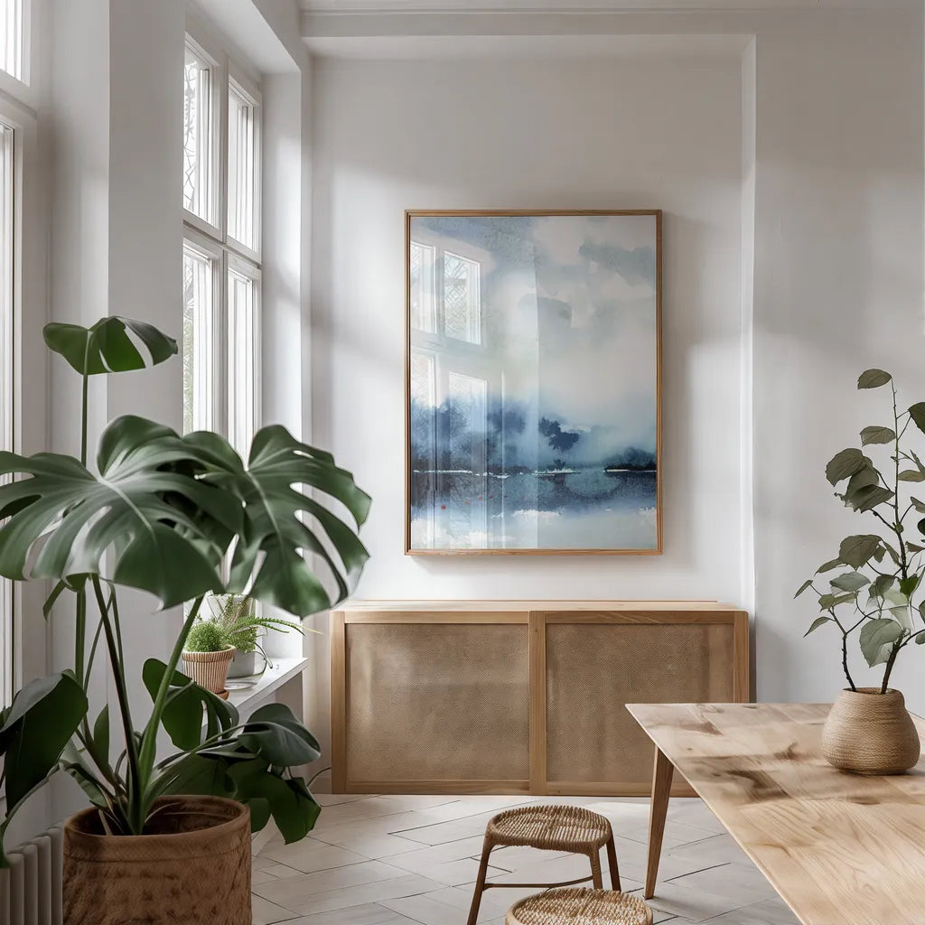 Deep Blue Lake by Katrina Pete. shown as a print in a natural wood frame in a dining room. Available as a archival giclee rolled canvas, fine art paper, or poster print. SKU 65950h.