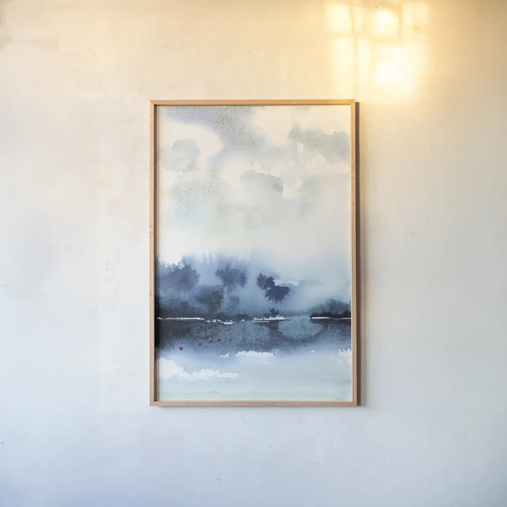 Deep Blue Lake by Katrina Pete. shown as a paper print in a natural frame. Available as a archival giclee rolled canvas, fine art paper, or poster print. SKU 65950h.