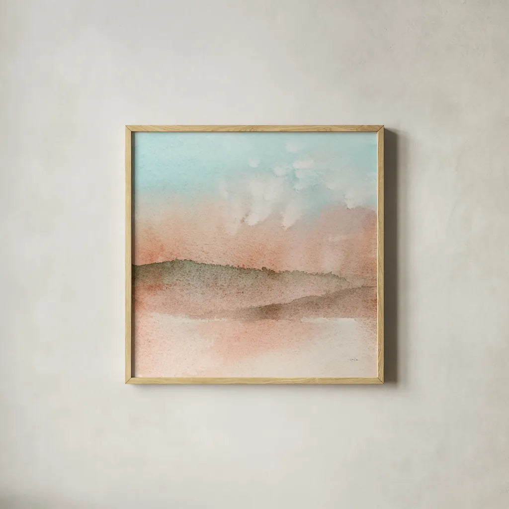 Desert Landscape I by Katrina Pete. Shown in a natural wood glass frame for a timeless modern aesthetic. Available as an archival giclee rolled canvas, fine art paper, or poster print. SKU 65945a.