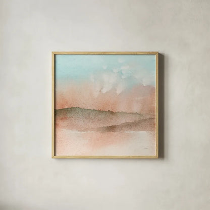 Desert Landscape I by Katrina Pete. Shown in a natural wood glass frame for a timeless modern aesthetic. Available as an archival giclee rolled canvas, fine art paper, or poster print. SKU 65945a.