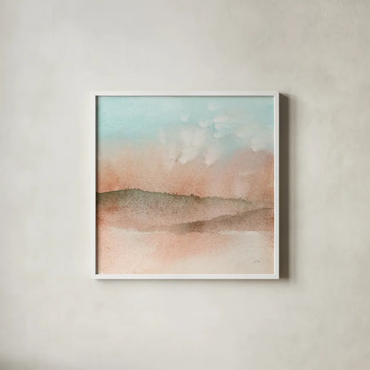 Desert Landscape I by Katrina Pete. Shown in a crisp white glass frame for a clean and minimalist style. Available as an archival giclee rolled canvas, fine art paper, or poster print. SKU 65945a.