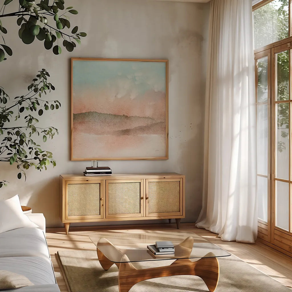 Desert Landscape I by Katrina Pete. Shown in a natural wood frame in a cozy modern living room. Available as an archival giclee rolled canvas, fine art paper, or poster print. SKU 65945a.