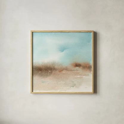 Desert Landscape II by Katrina Pete. Shown in a natural wood glass frame for a timeless modern aesthetic. Available as an archival giclee rolled canvas, fine art paper, or poster print. SKU 65946a.