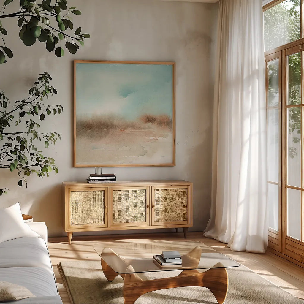 Desert Landscape II by Katrina Pete. Shown in a natural wood frame in a cozy modern living room. Available as an archival giclee rolled canvas, fine art paper, or poster print. SKU 65946a.