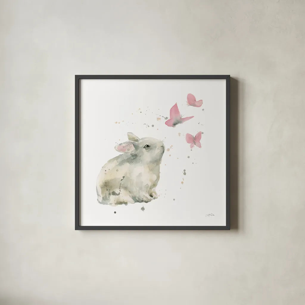Dreaming Bunny I by Katrina Pete. Shown in a sleek black glass frame for a contemporary gallery look. Available as an archival giclee rolled canvas, fine art paper, or poster print. SKU 77499a.