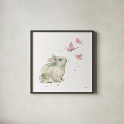 Dreaming Bunny I by Katrina Pete. Shown in a sleek black glass frame for a contemporary gallery look. Available as an archival giclee rolled canvas, fine art paper, or poster print. SKU 77499a.