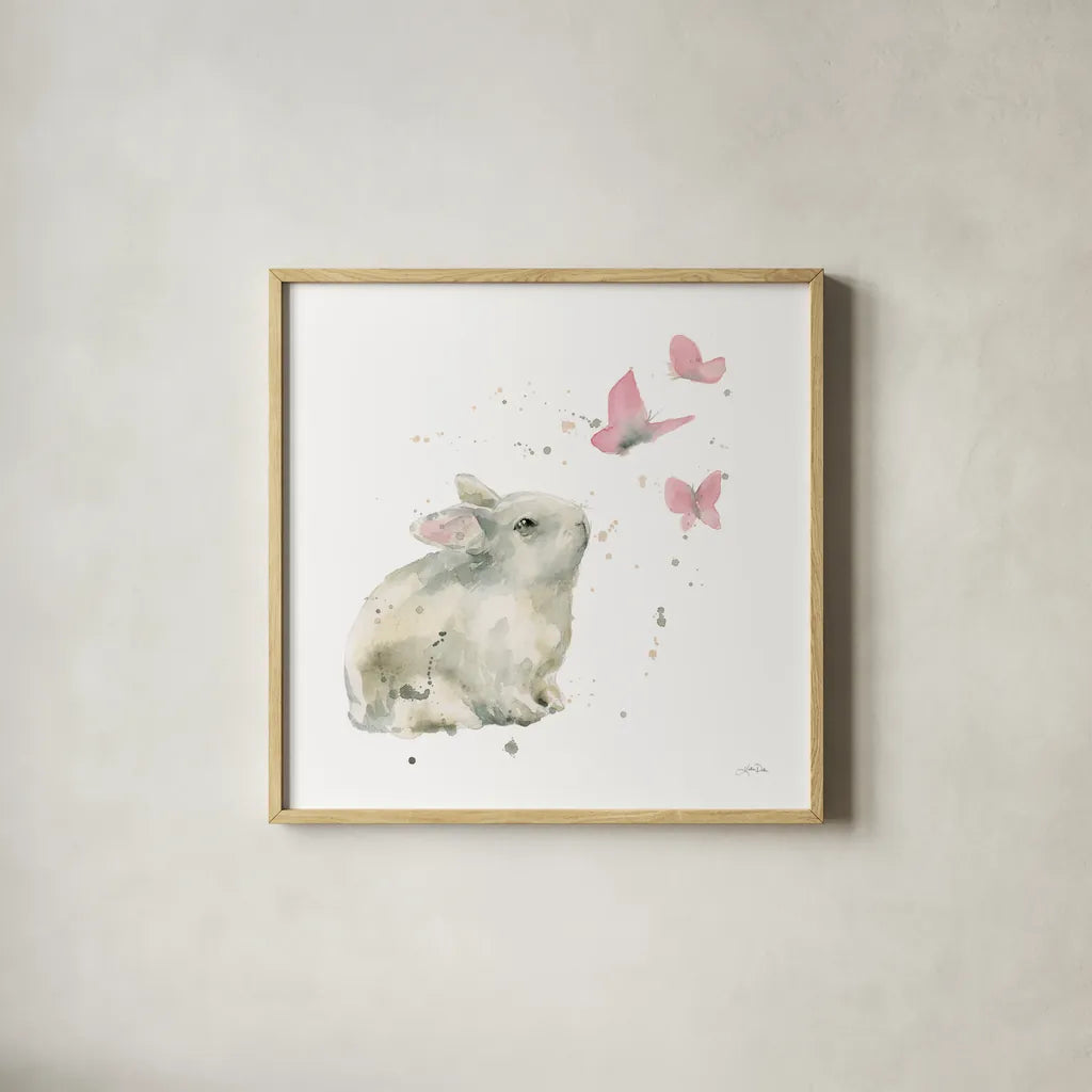 Dreaming Bunny I by Katrina Pete. Shown in a natural wood glass frame for a timeless modern aesthetic. Available as an archival giclee rolled canvas, fine art paper, or poster print. SKU 77499a.