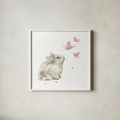 Dreaming Bunny I by Katrina Pete. Shown in a crisp white glass frame for a clean and minimalist style. Available as an archival giclee rolled canvas, fine art paper, or poster print. SKU 77499a.