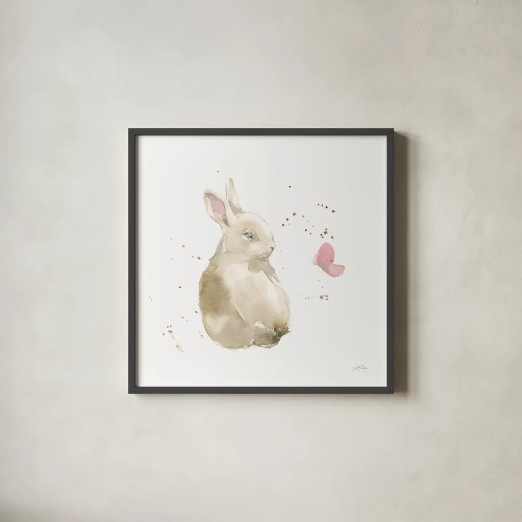 Dreaming Bunny II by Katrina Pete. Shown in a sleek black glass frame for a contemporary gallery look. Available as an archival giclee rolled canvas, fine art paper, or poster print. SKU 77500a.