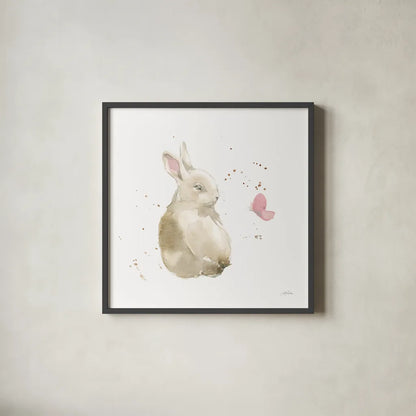 Dreaming Bunny II by Katrina Pete. Shown in a sleek black glass frame for a contemporary gallery look. Available as an archival giclee rolled canvas, fine art paper, or poster print. SKU 77500a.