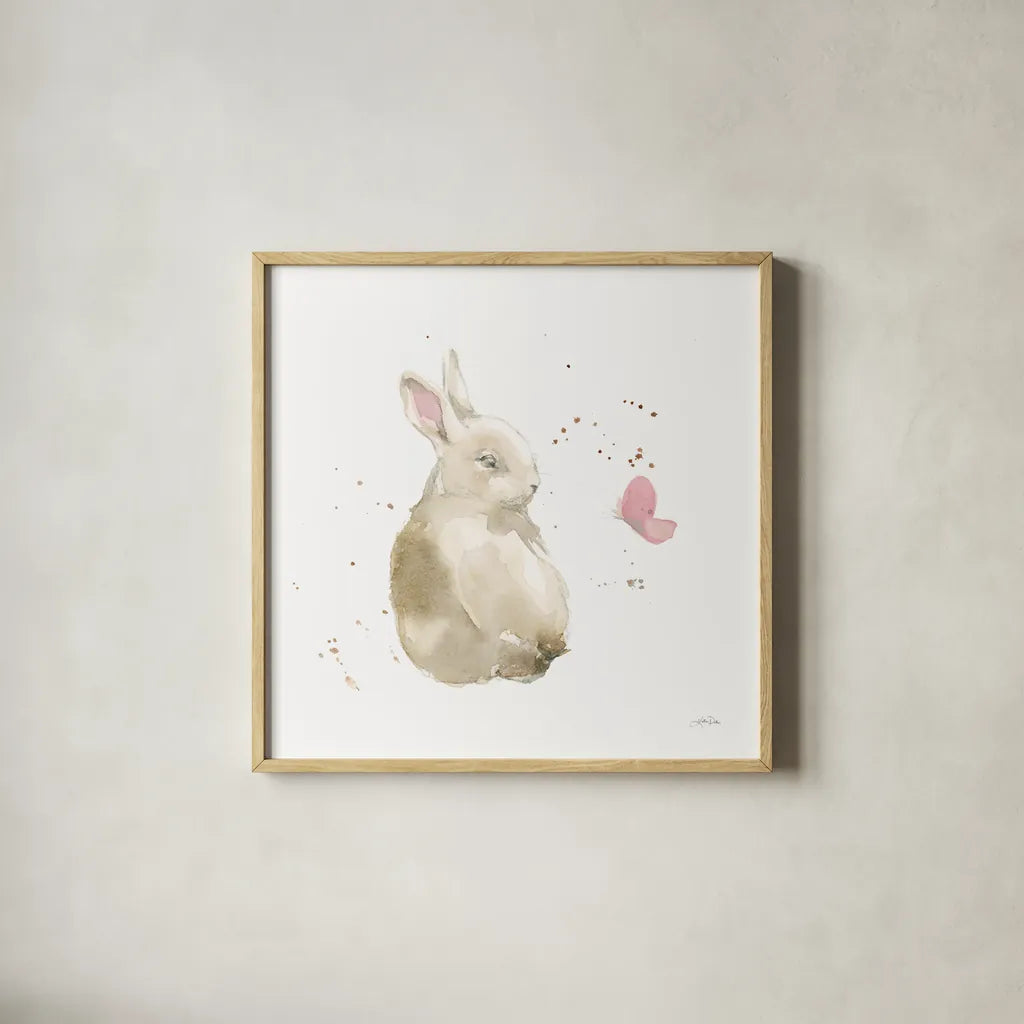 Dreaming Bunny II by Katrina Pete. Shown in a natural wood glass frame for a timeless modern aesthetic. Available as an archival giclee rolled canvas, fine art paper, or poster print. SKU 77500a.
