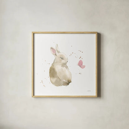 Dreaming Bunny II by Katrina Pete. Shown in a natural wood glass frame for a timeless modern aesthetic. Available as an archival giclee rolled canvas, fine art paper, or poster print. SKU 77500a.