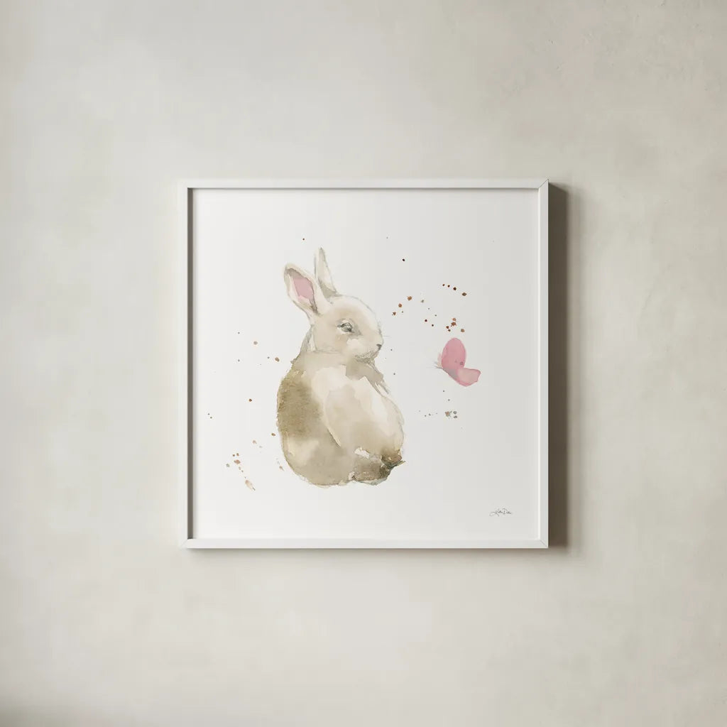 Dreaming Bunny II by Katrina Pete. Shown in a crisp white glass frame for a clean and minimalist style. Available as an archival giclee rolled canvas, fine art paper, or poster print. SKU 77500a.
