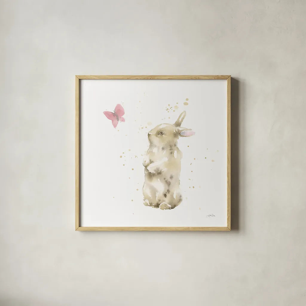 Dreaming Bunny III by Katrina Pete. Shown in a natural wood glass frame for a timeless modern aesthetic. Available as an archival giclee rolled canvas, fine art paper, or poster print. SKU 77501a.