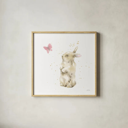 Dreaming Bunny III by Katrina Pete. Shown in a natural wood glass frame for a timeless modern aesthetic. Available as an archival giclee rolled canvas, fine art paper, or poster print. SKU 77501a.