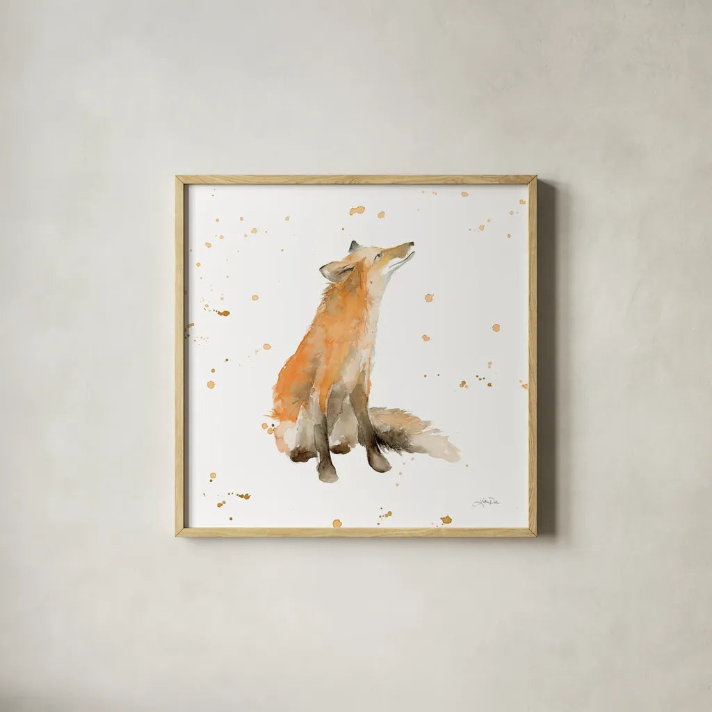 Dreaming Fox by Katrina Pete. Shown in a natural wood glass frame for a timeless modern aesthetic. Available as an archival giclee rolled canvas, fine art paper, or poster print. SKU 75859a.