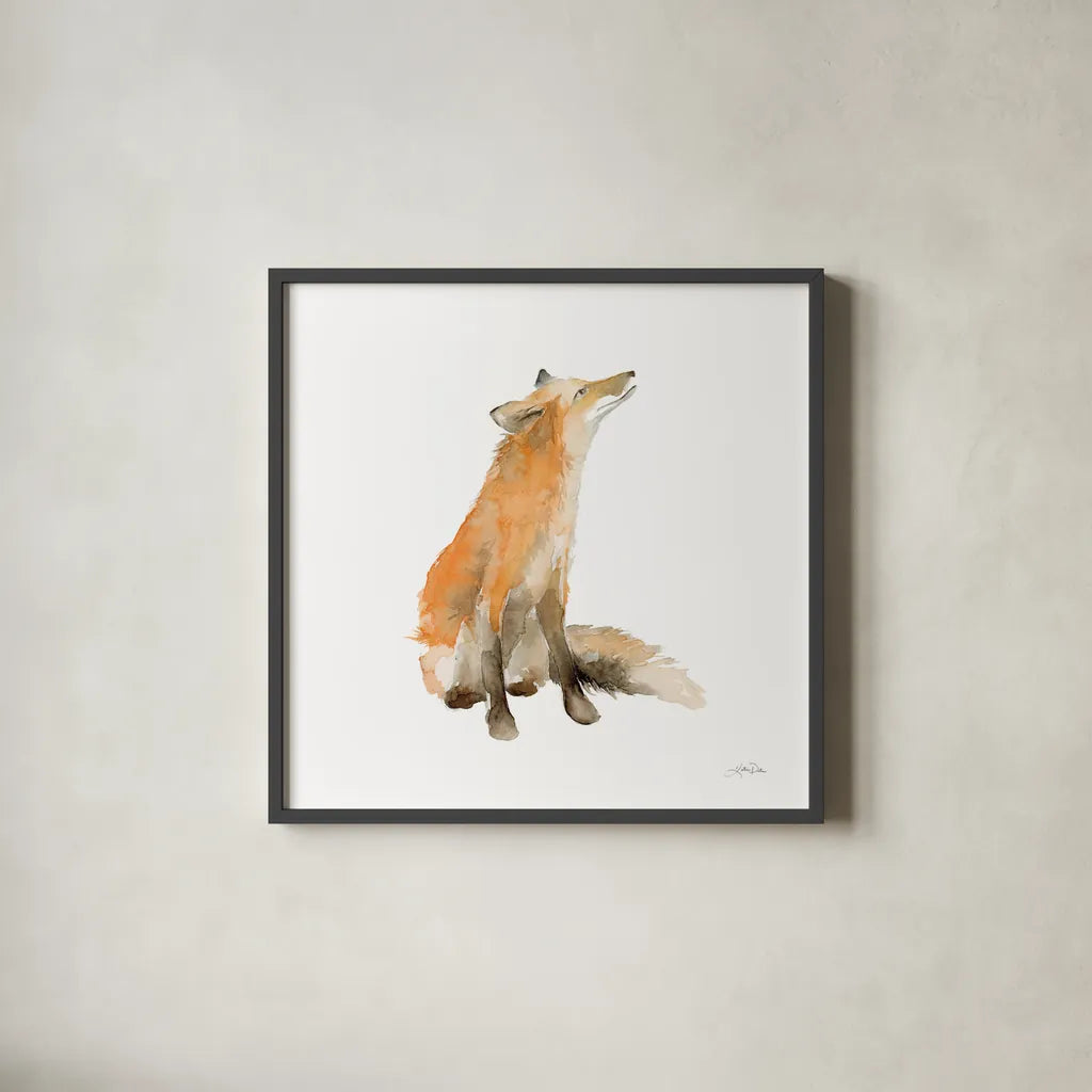 Dreaming Fox on White by Katrina Pete. Shown in a sleek black glass frame for a contemporary gallery look. Available as an archival giclee rolled canvas, fine art paper, or poster print. SKU 77222a.