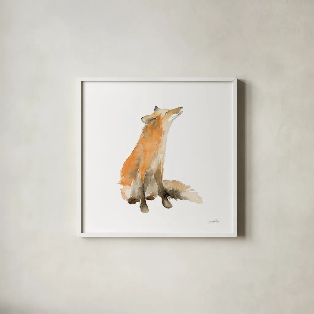 Dreaming Fox on White by Katrina Pete. Shown in a crisp white glass frame for a clean and minimalist style. Available as an archival giclee rolled canvas, fine art paper, or poster print. SKU 77222a.