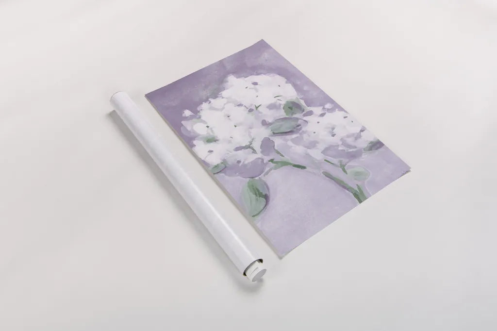 Elegant Hydrangea Purple by Katrina Pete. shown as a rolled paper print. Available as archival giclee rolled canvas, fine art paper, or poster print. SKU 88270h.