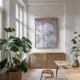 Elegant Hydrangea Purple by Katrina Pete. shown as a print in a natural wood frame in a dining room. Available as a archival giclee rolled canvas, fine art paper, or poster print. SKU 88270h.