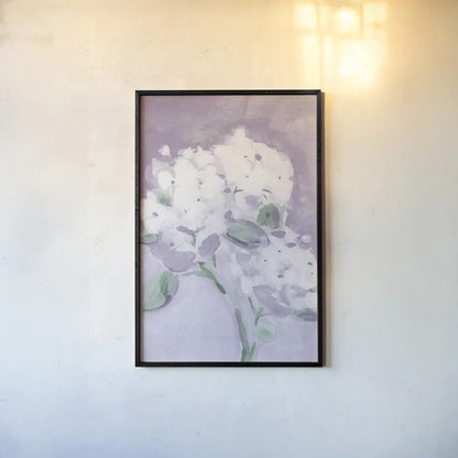 Elegant Hydrangea Purple by Katrina Pete. shown as a paper print in a black flame. Available as a archival giclee rolled canvas, fine art paper, or poster print. SKU 88270h.