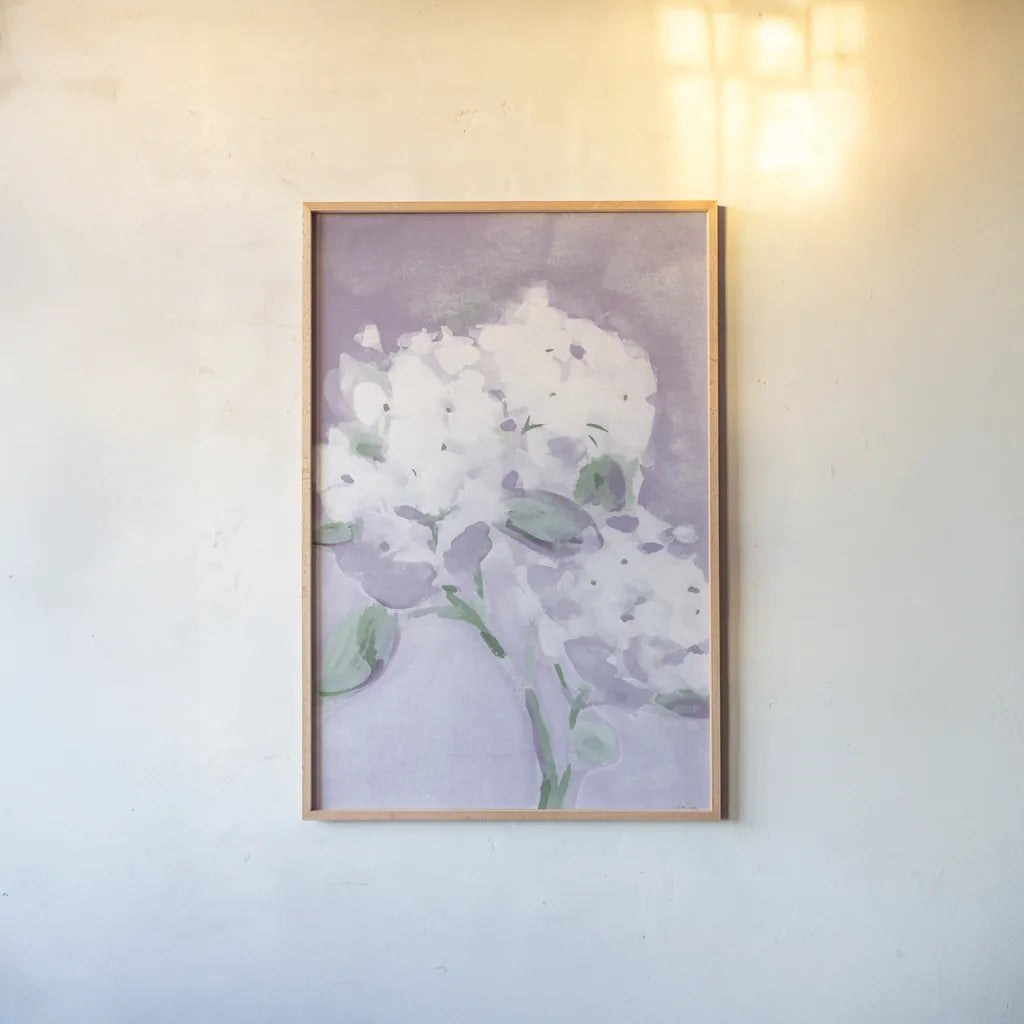 Elegant Hydrangea Purple by Katrina Pete. shown as a paper print in a natural frame. Available as a archival giclee rolled canvas, fine art paper, or poster print. SKU 88270h.