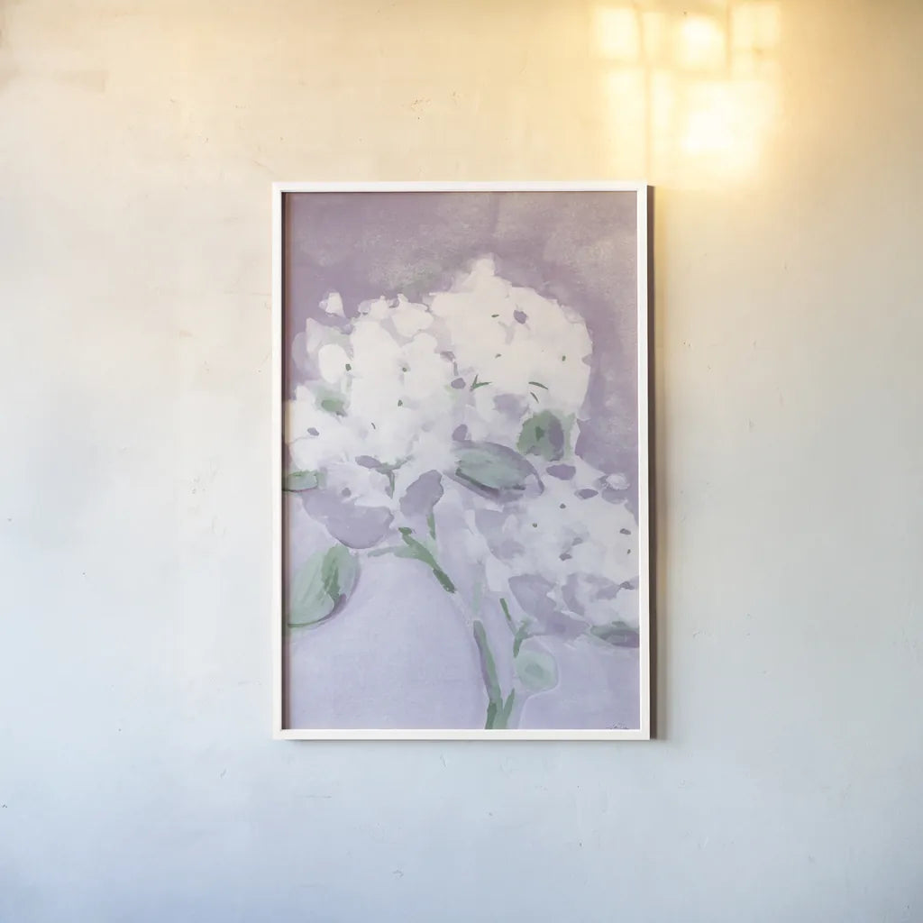 Elegant Hydrangea Purple by Katrina Pete. shown as a paper print in a white frame. Available as a archival giclee rolled canvas, fine art paper, or poster print. SKU 88270h.