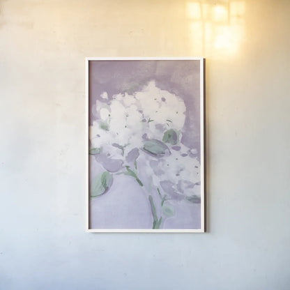 Elegant Hydrangea Purple by Katrina Pete. shown as a paper print in a white frame. Available as a archival giclee rolled canvas, fine art paper, or poster print. SKU 88270h.