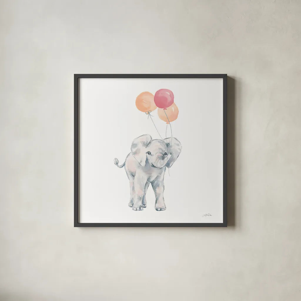 Elephant Celebration by Katrina Pete. Shown in a sleek black glass frame for a contemporary gallery look. Available as an archival giclee rolled canvas, fine art paper, or poster print. SKU 77833a.