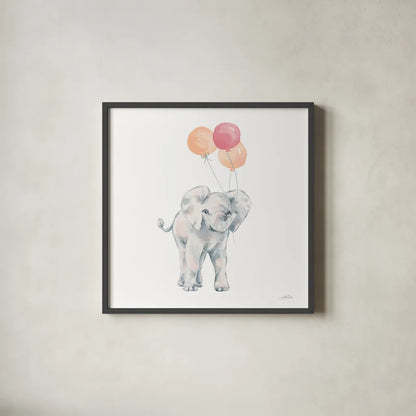 Elephant Celebration by Katrina Pete. Shown in a sleek black glass frame for a contemporary gallery look. Available as an archival giclee rolled canvas, fine art paper, or poster print. SKU 77833a.